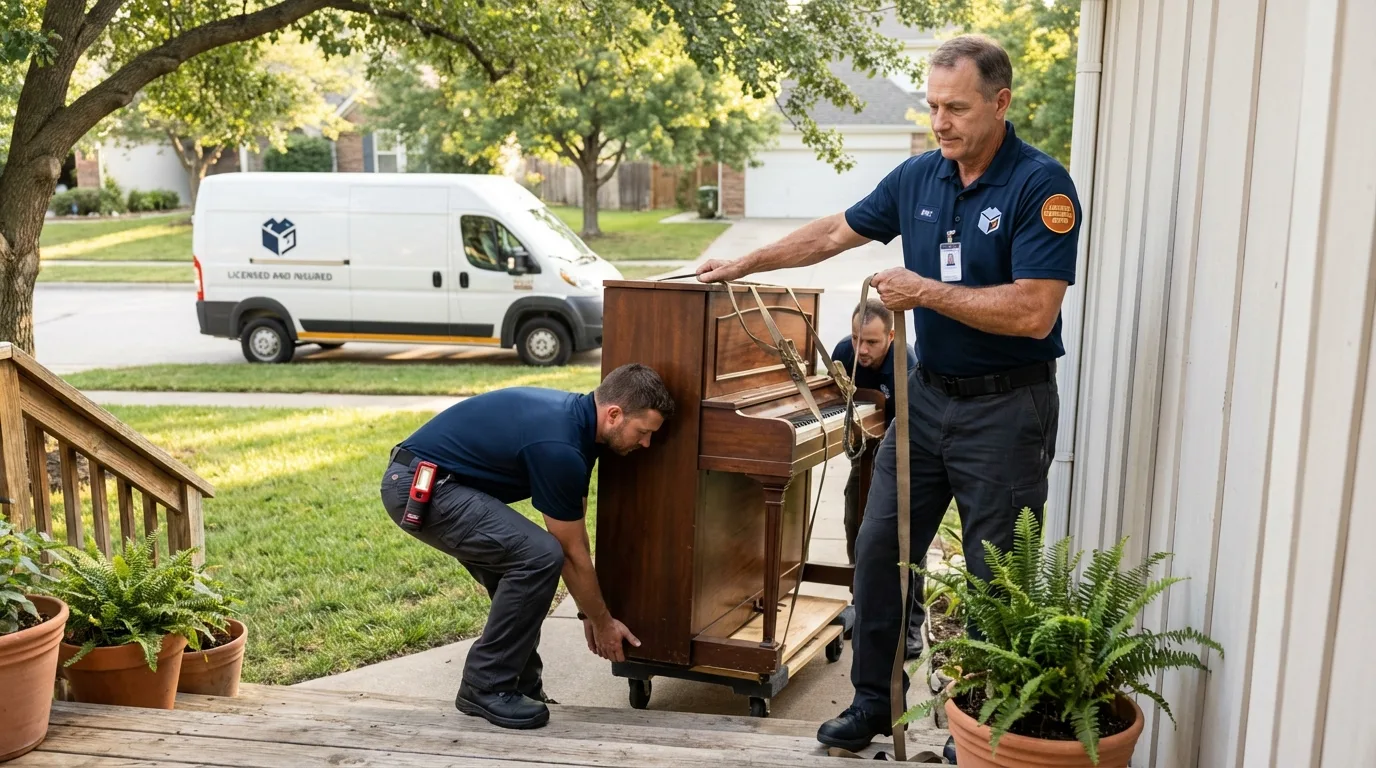 Licensed piano movers securing grand piano in Kaneohe, HI